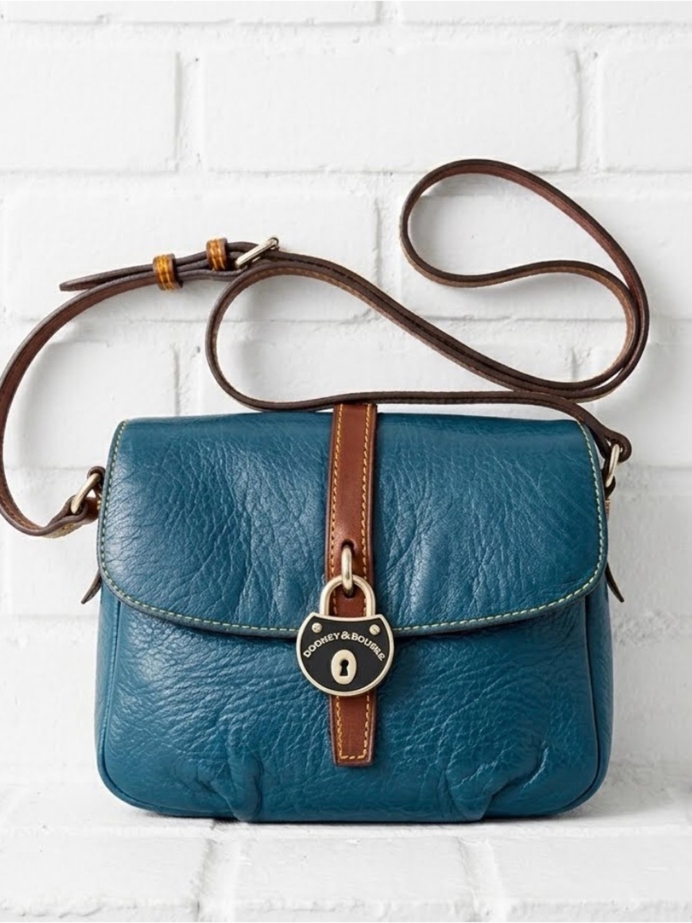 Dooney & Bourke Samba Teal Leather Crossbody with Brown Trim